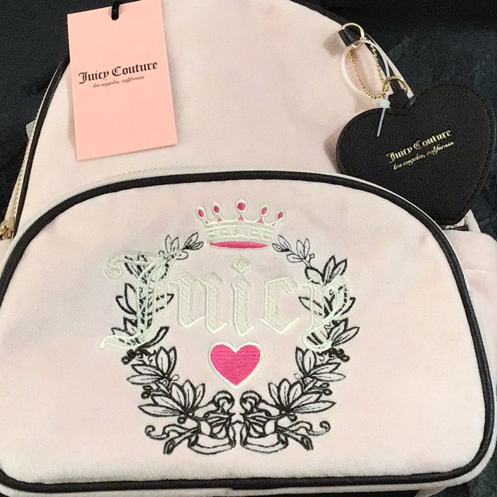 Juicy Couture powder pink and brown heritage mini backpack velour fabric.